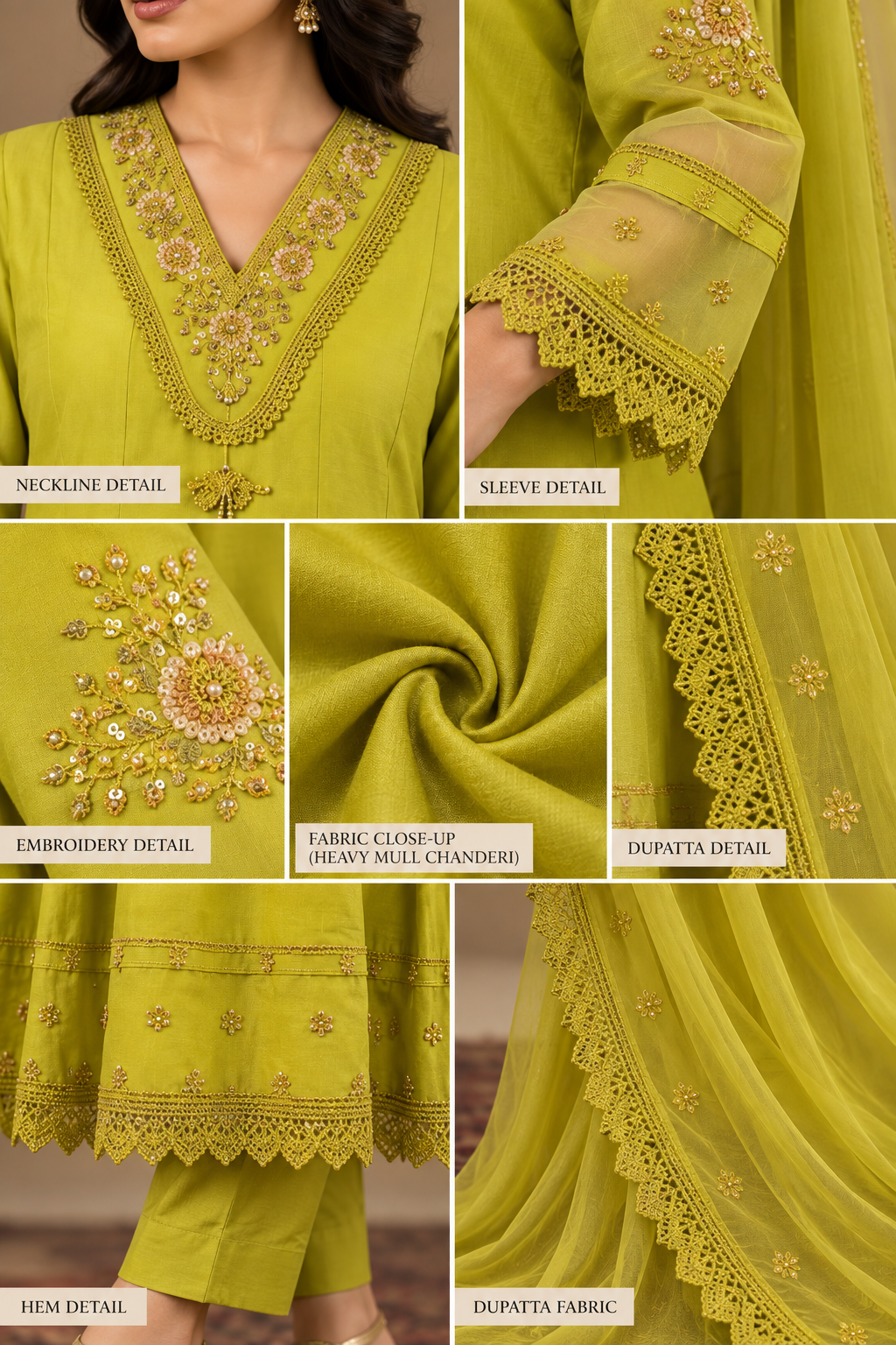 Lime Green Embroidered 3-Piece Kurti Set