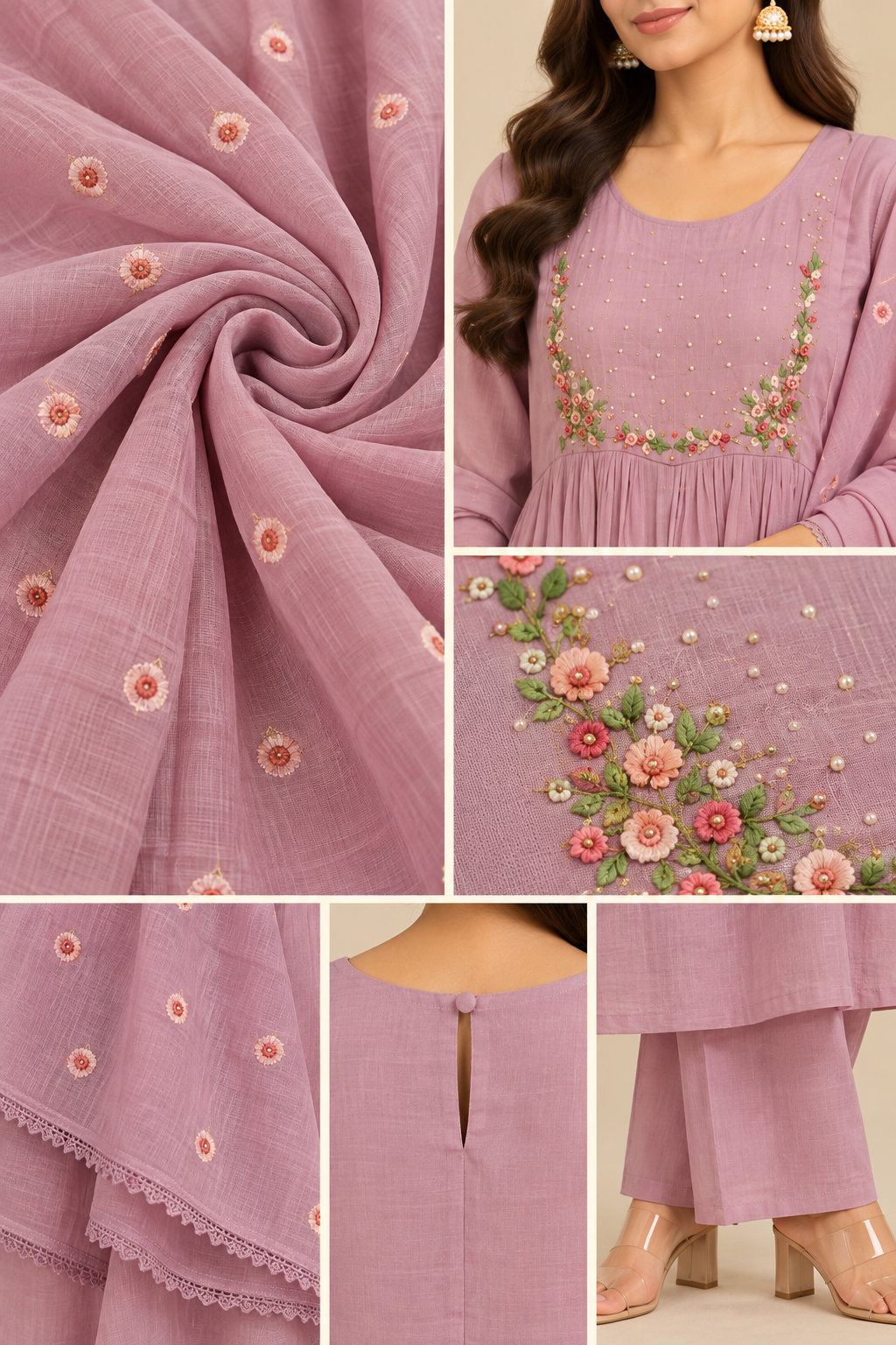 Lavender Embroidered Chanderi 3-Piece Kurti Set