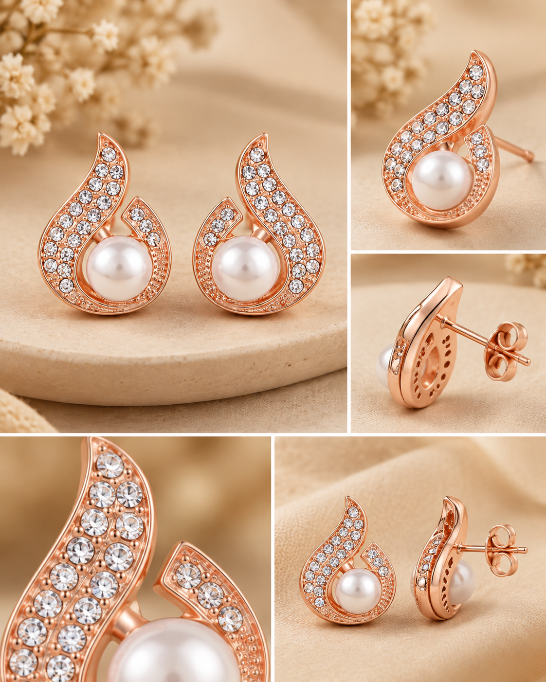 Rose Gold Pearl & Crystal Teardrop Earrings