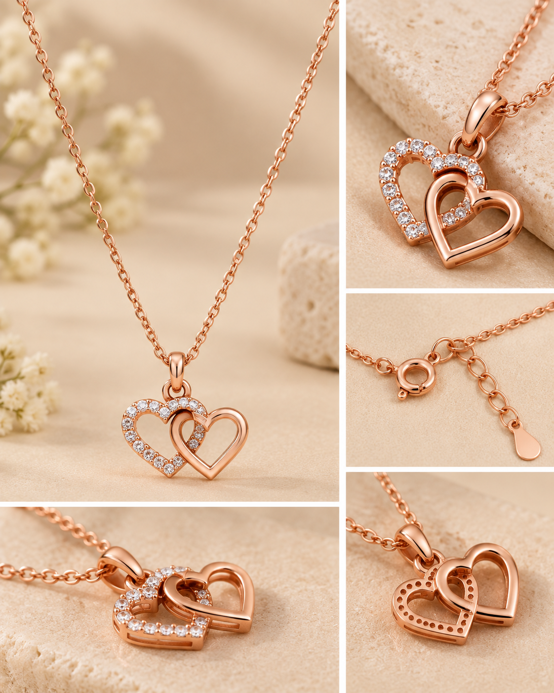 Rose Gold Double Heart Pendant Necklace