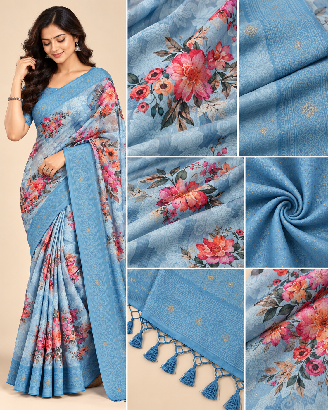 Misty Bloom Light Blue Raw Silk Saree