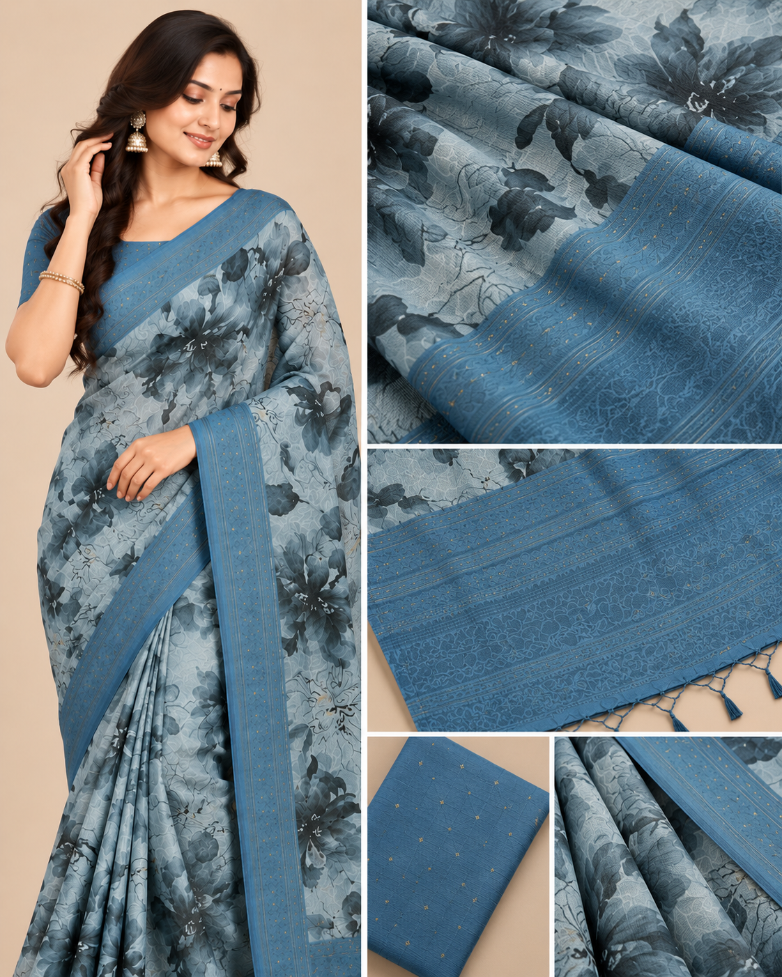 Misty Bloom Sage Grey Raw Silk Saree