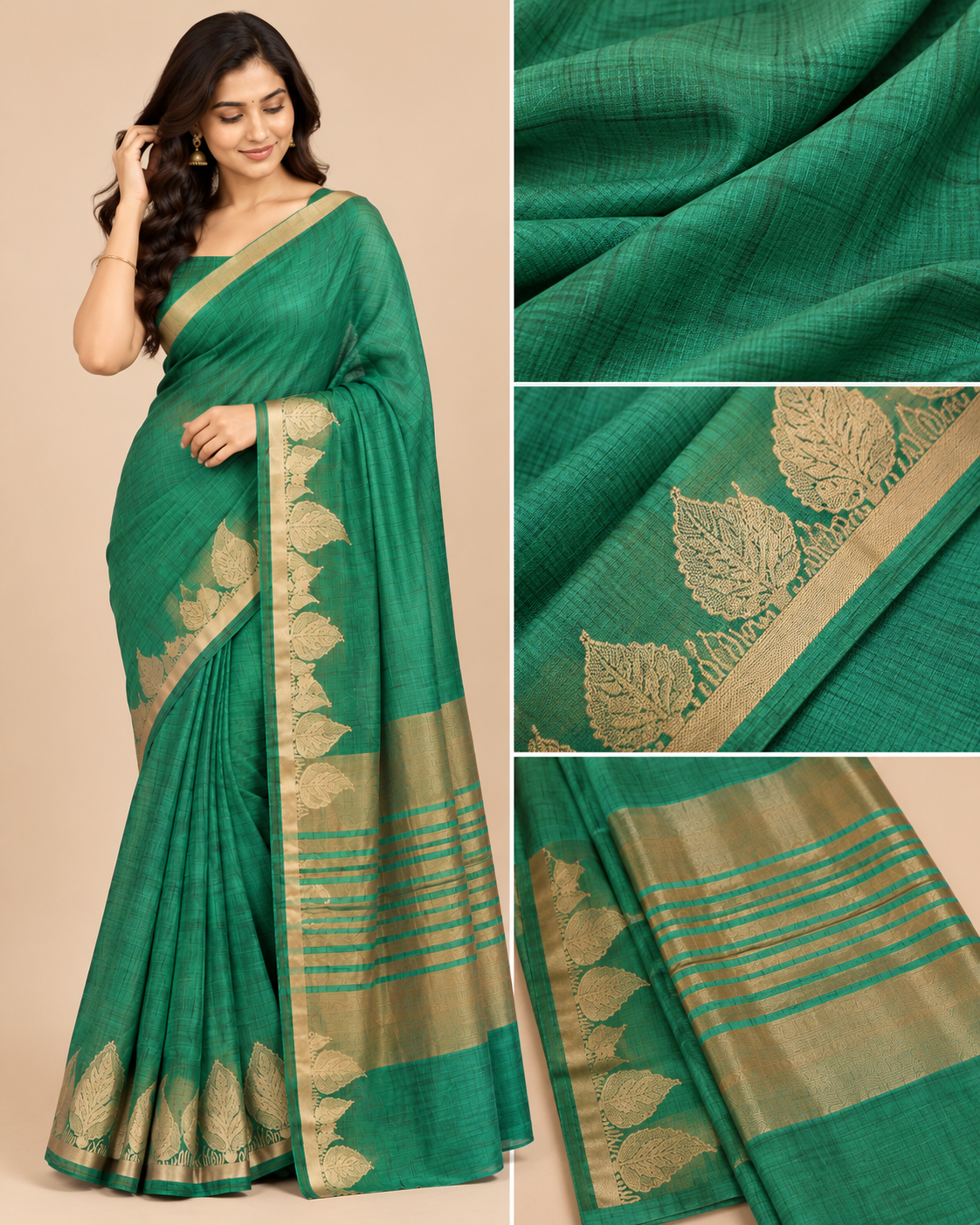Teal Green Gold Raw Silk Saree