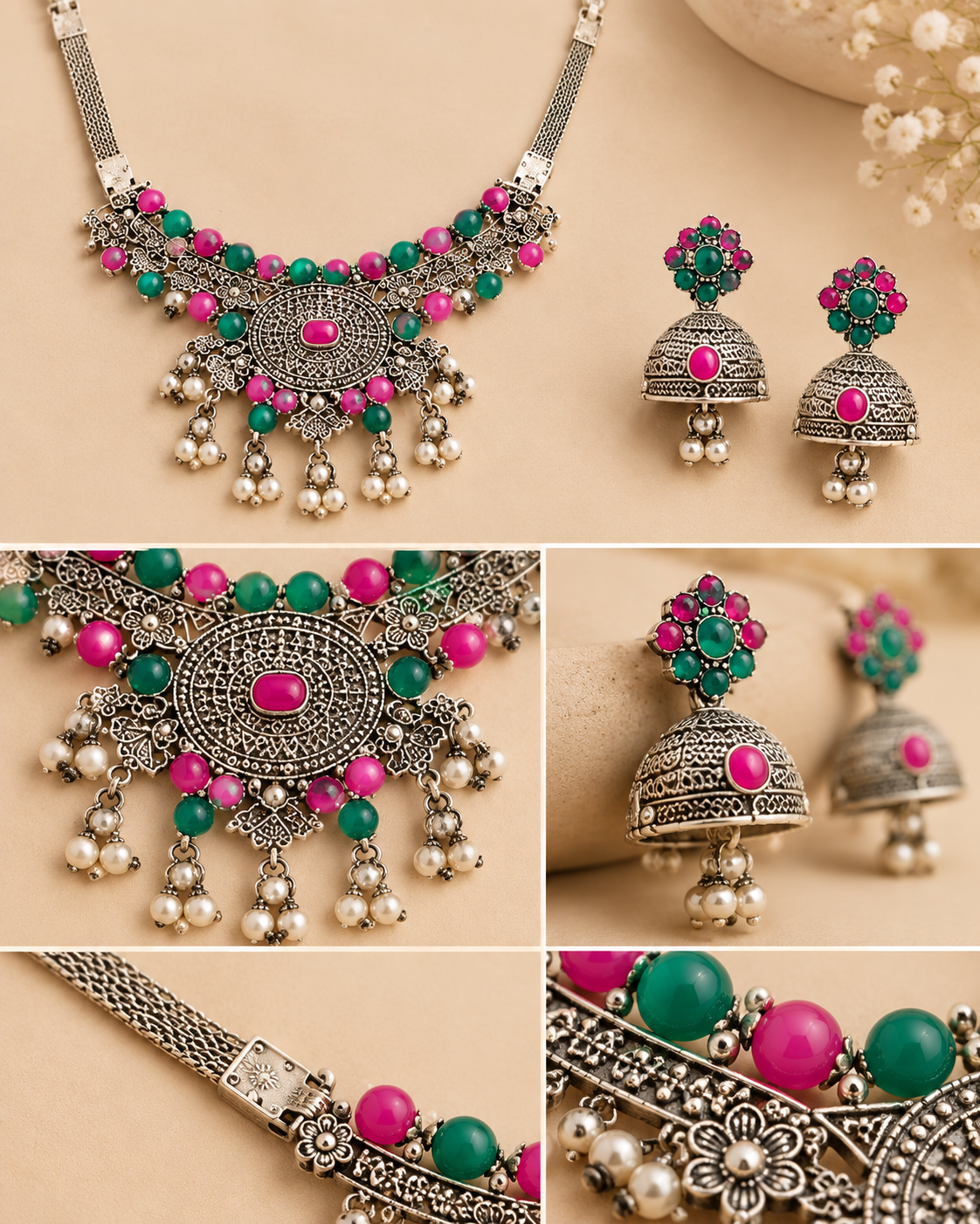 Oxidised Silver Pink & Green Beaded Necklace Set with Jhumka Earrings