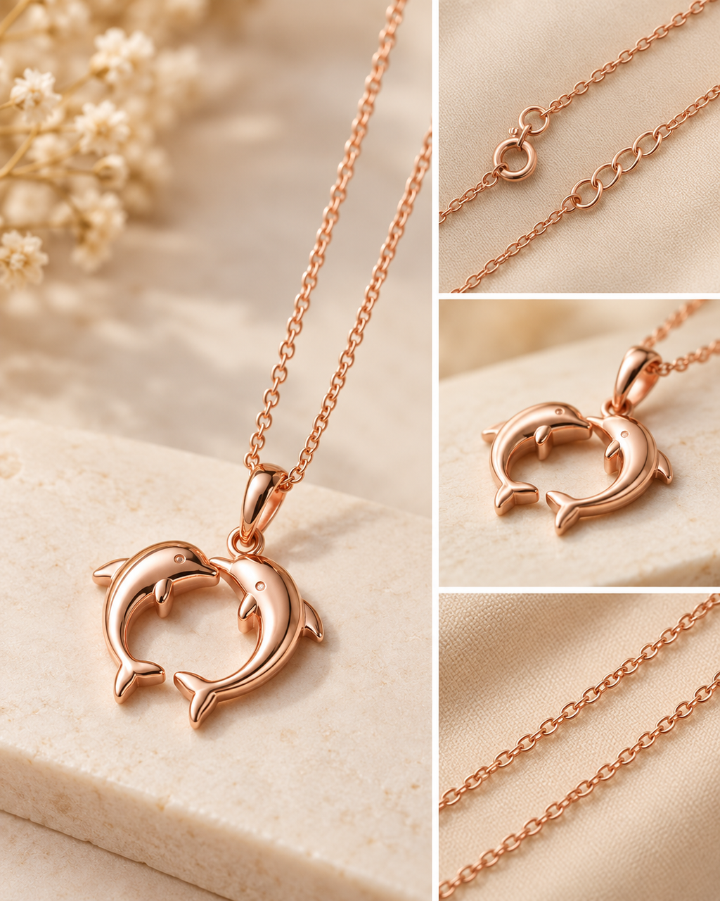 Rose Gold Twin Dolphin Pendant Necklace