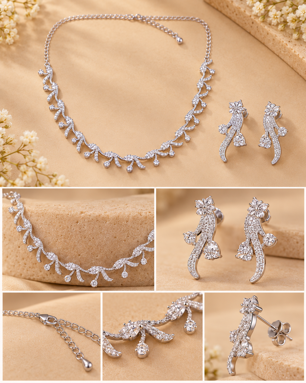 Silver Crystal Vine Necklace & Earrings Set