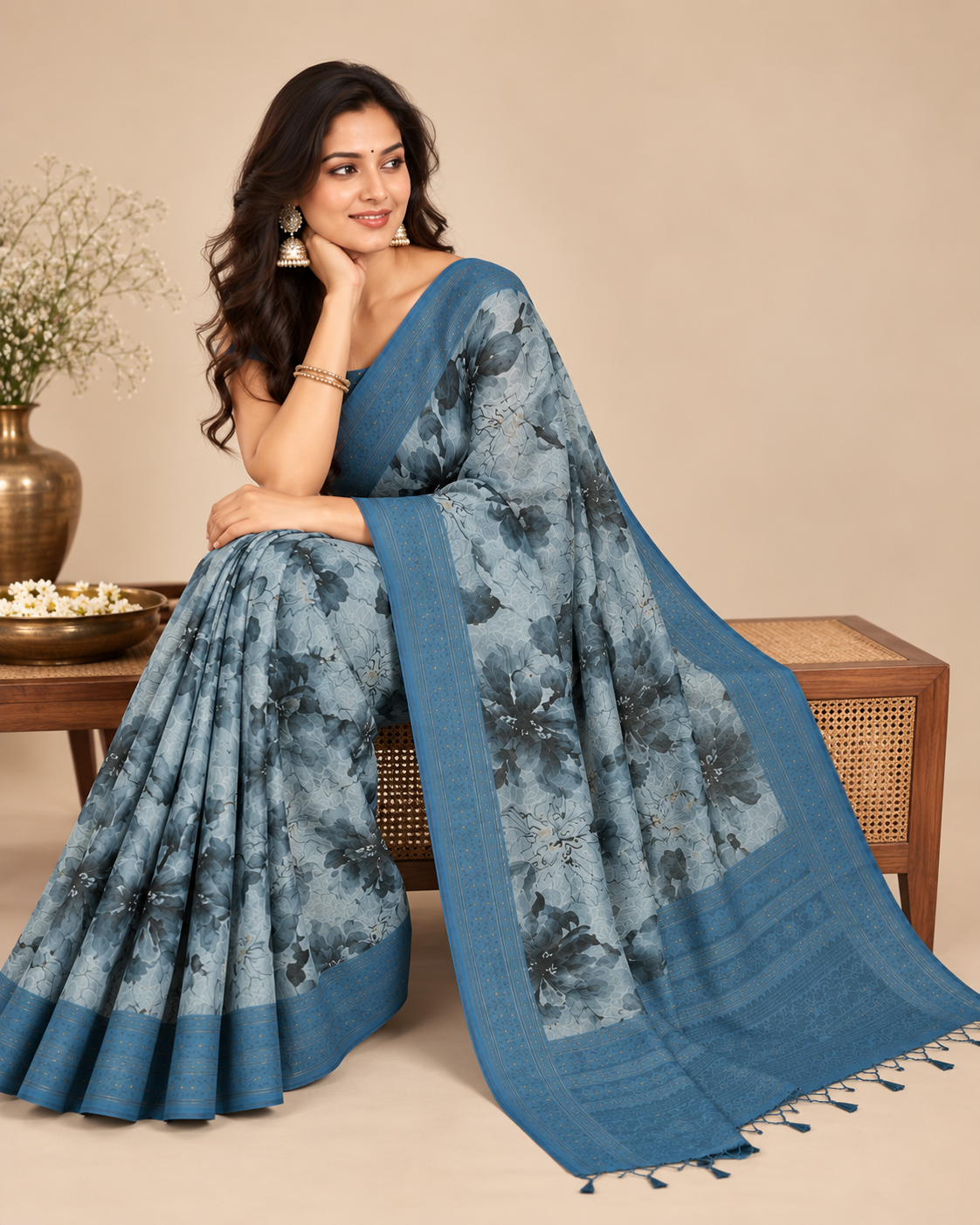 Misty Bloom Ivory Grey Raw Silk Saree