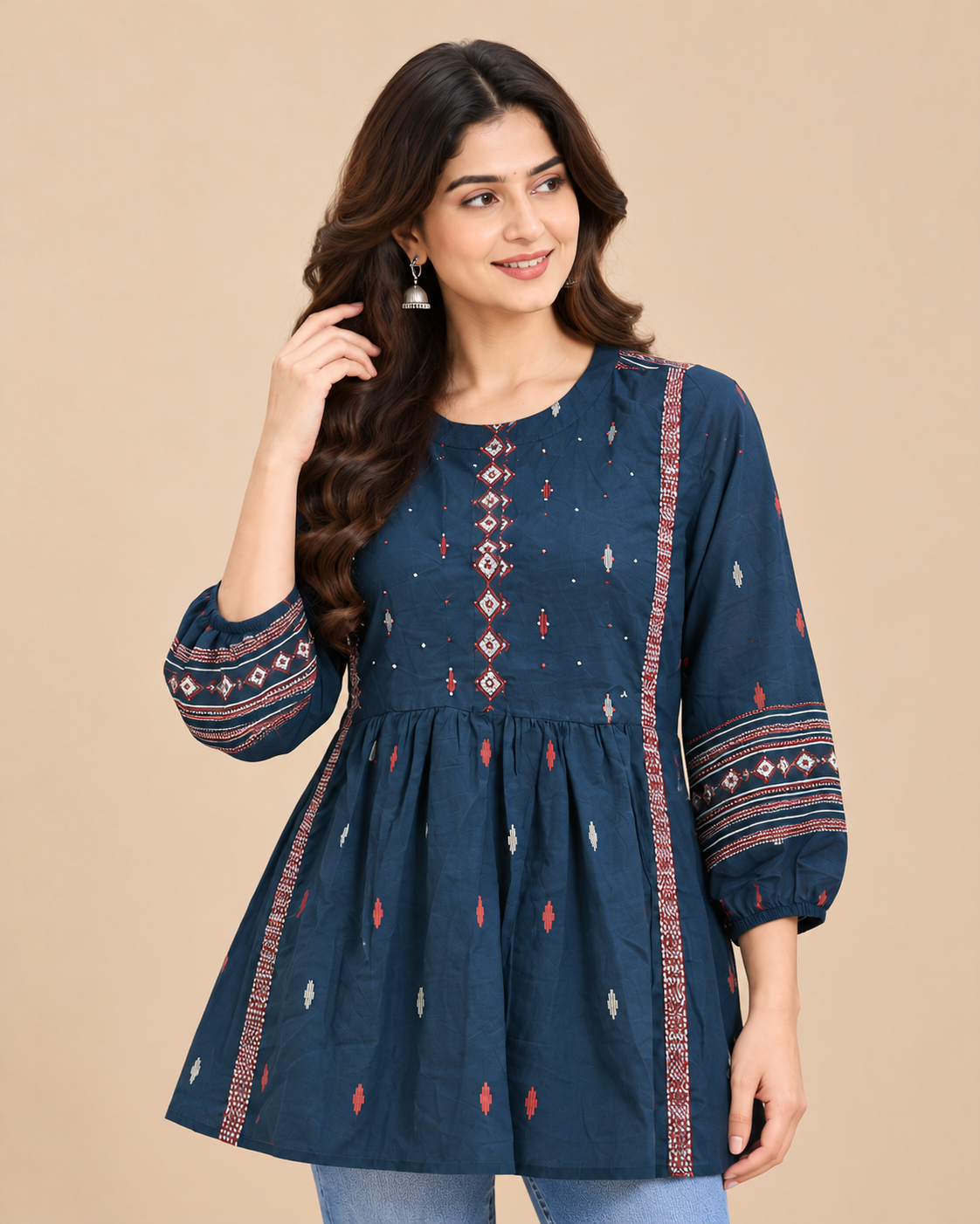 Navy Embroidered Embellished Short Top