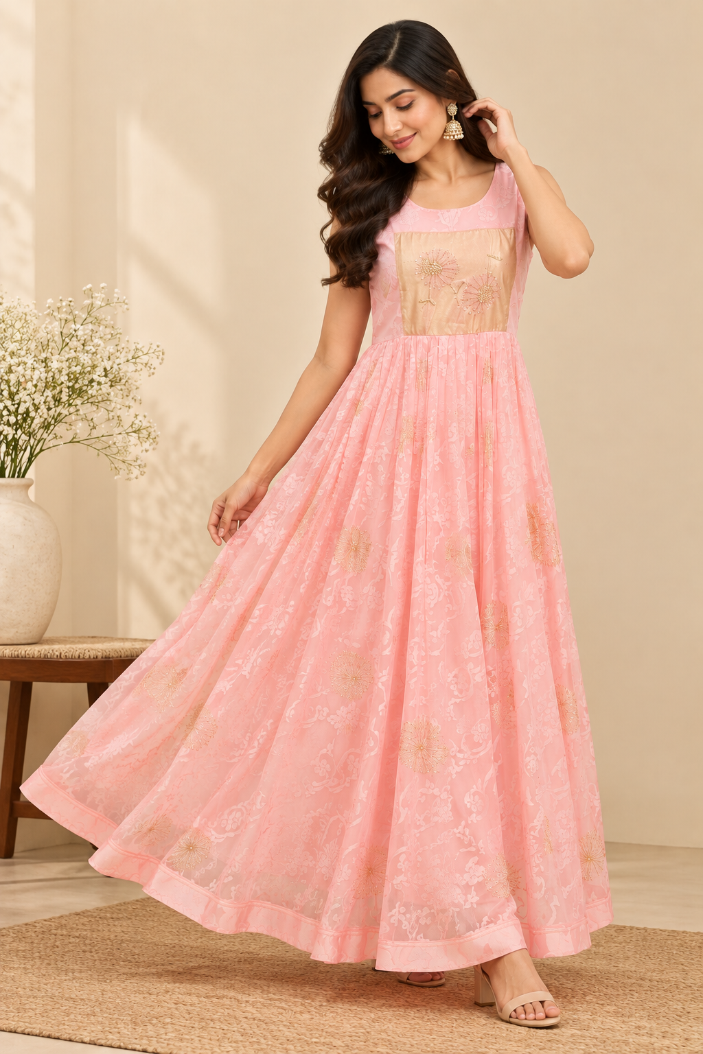 Blush Pink Floral Embroidered Dress Set
