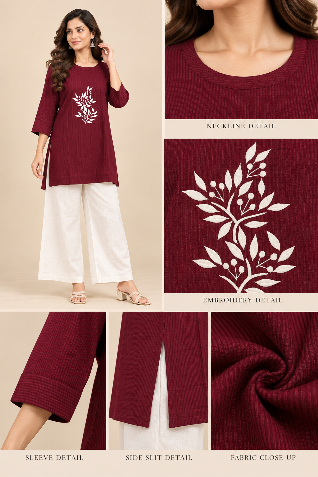 Maroon Embroidered Top & White Pant Co-Ord Set
