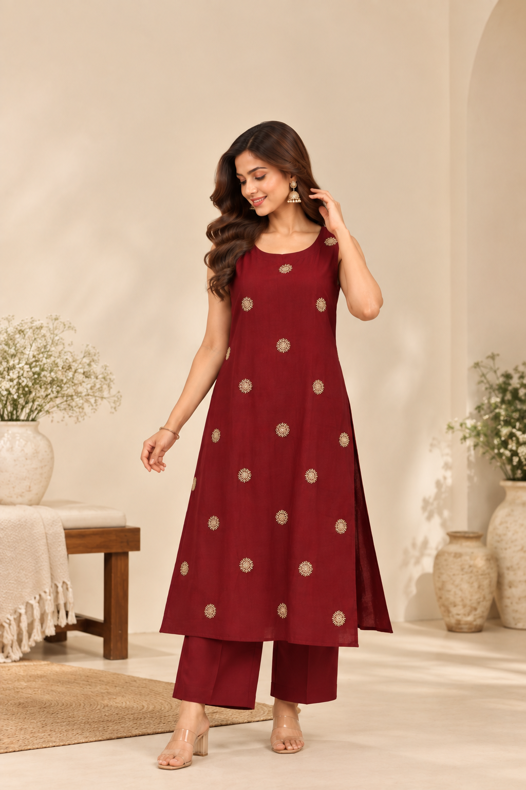 Wine Embroidered Two-Piece Kurti Set
