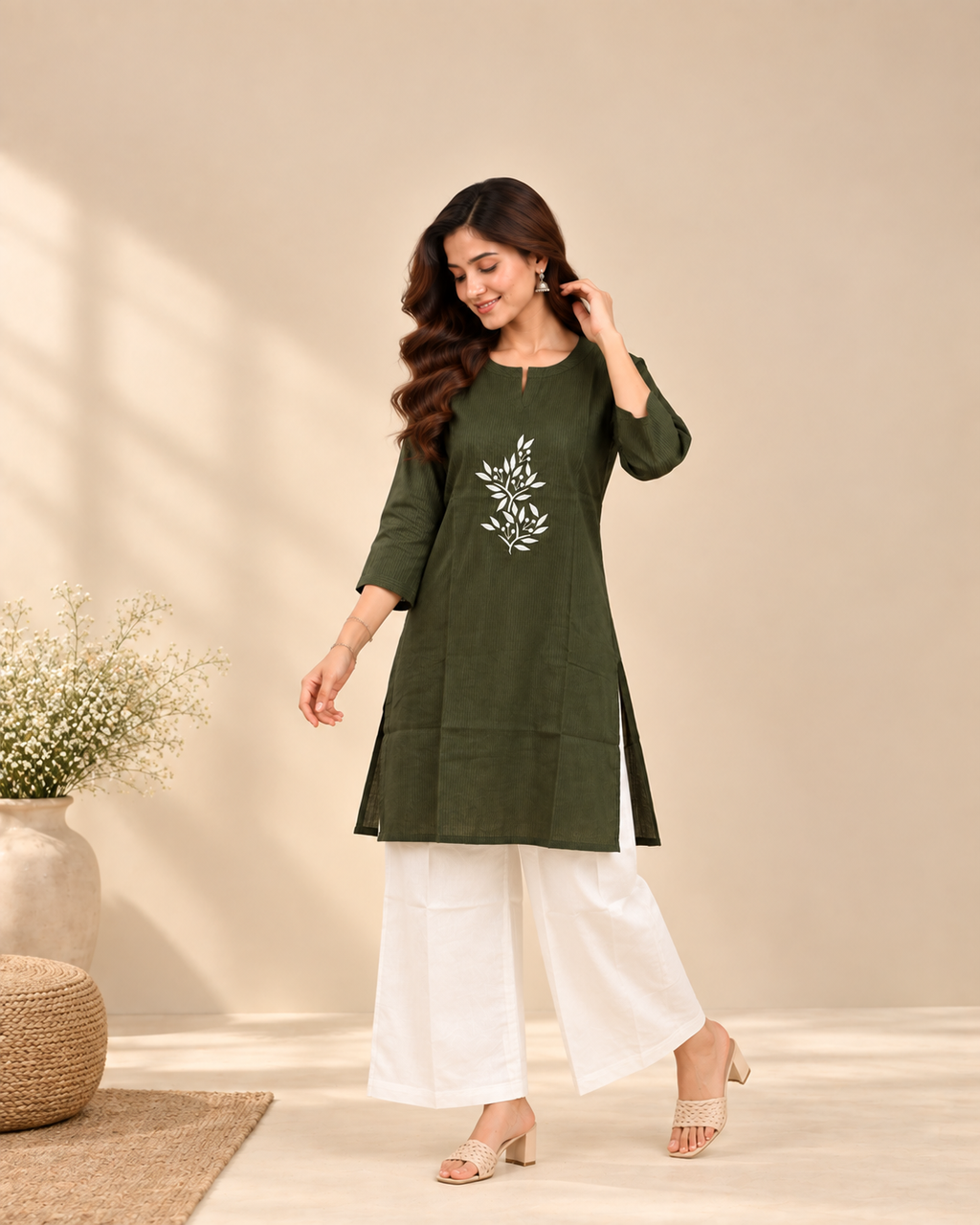 Olive Green Embroidered Top & White Pant Co-Ord Set