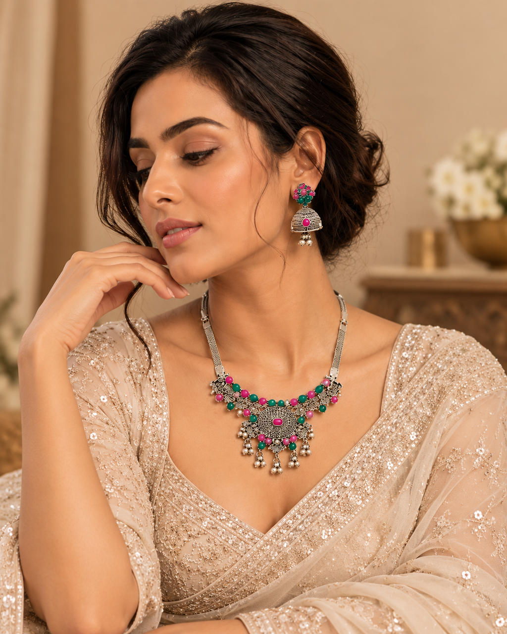 Oxidised Silver Pink & Green Beaded Necklace Set with Jhumka Earrings