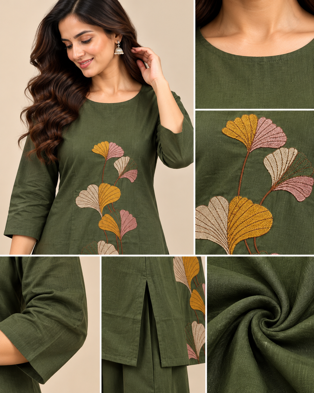 Sage Green Floral Embroidered Two-Piece Kurti Set