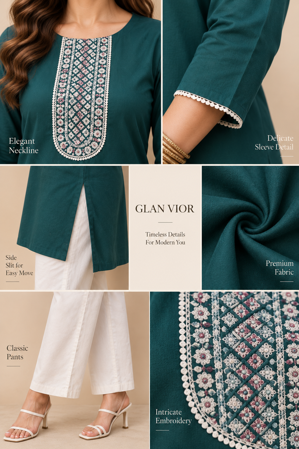 Embroidered Cotton Short Top & Palazzo Co-Ord Set – Teal