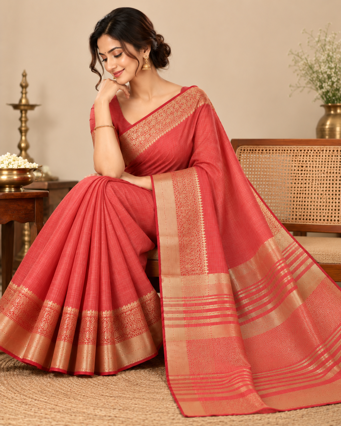 Camel Beige Gold Raw Silk Saree
