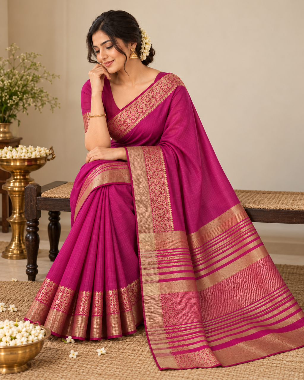 Magenta Pink Gold Zari Raw Silk Saree