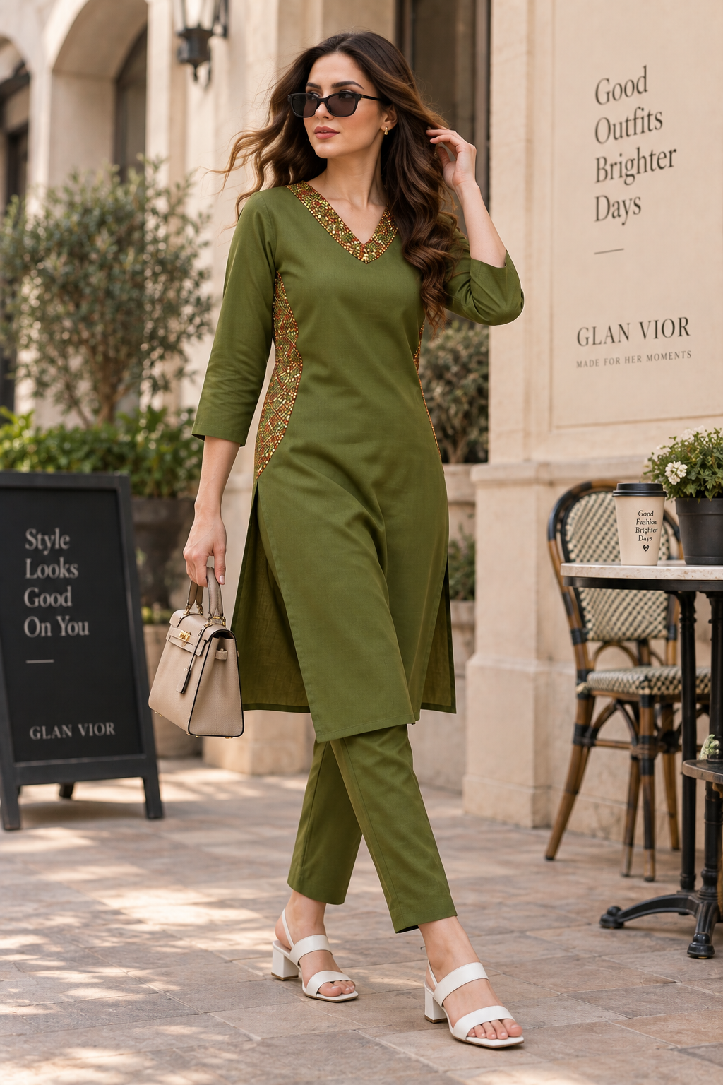 Olive Green Embroidered Kurta & Pant Set