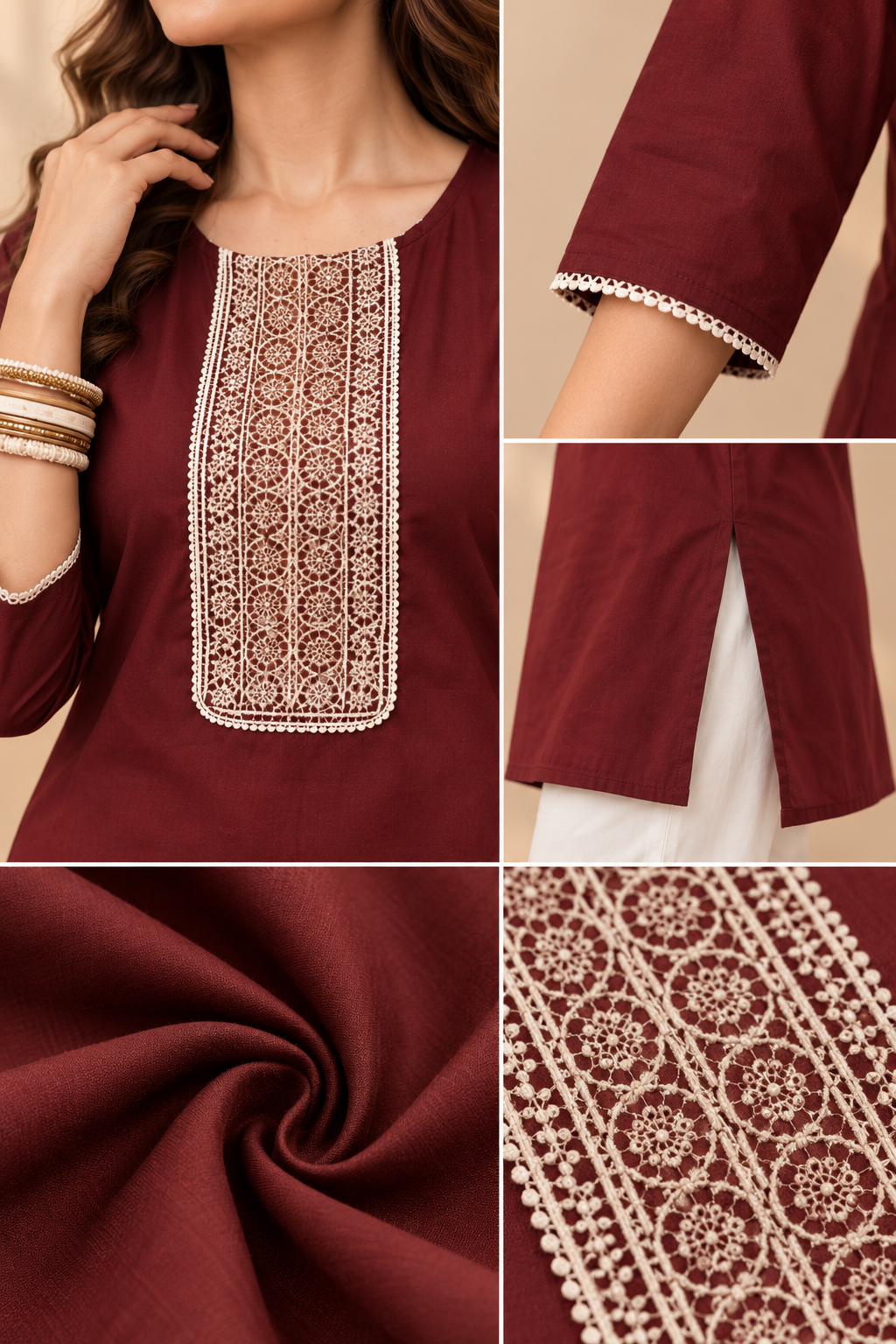 Embroidered Cotton Short Top & Palazzo Co-Ord Set – Wine