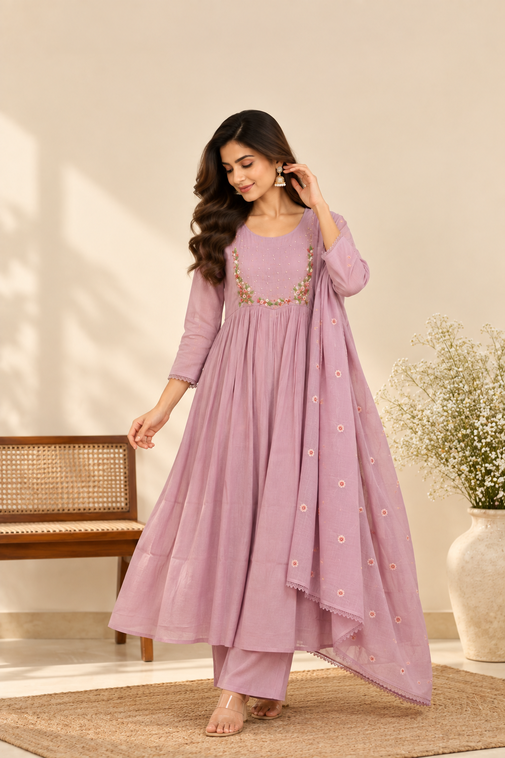 Lavender Embroidered Chanderi 3-Piece Kurti Set