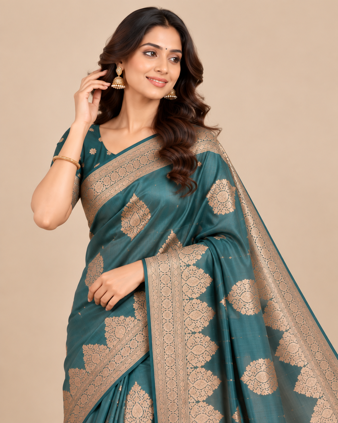 Teal Heritage Zari Raw Silk Saree