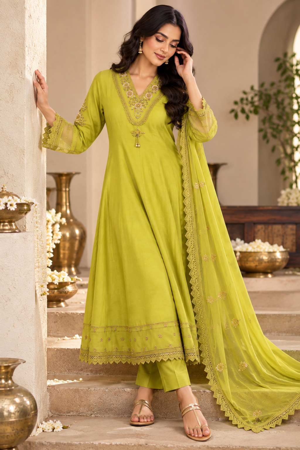 Lime Green Embroidered 3-Piece Kurti Set