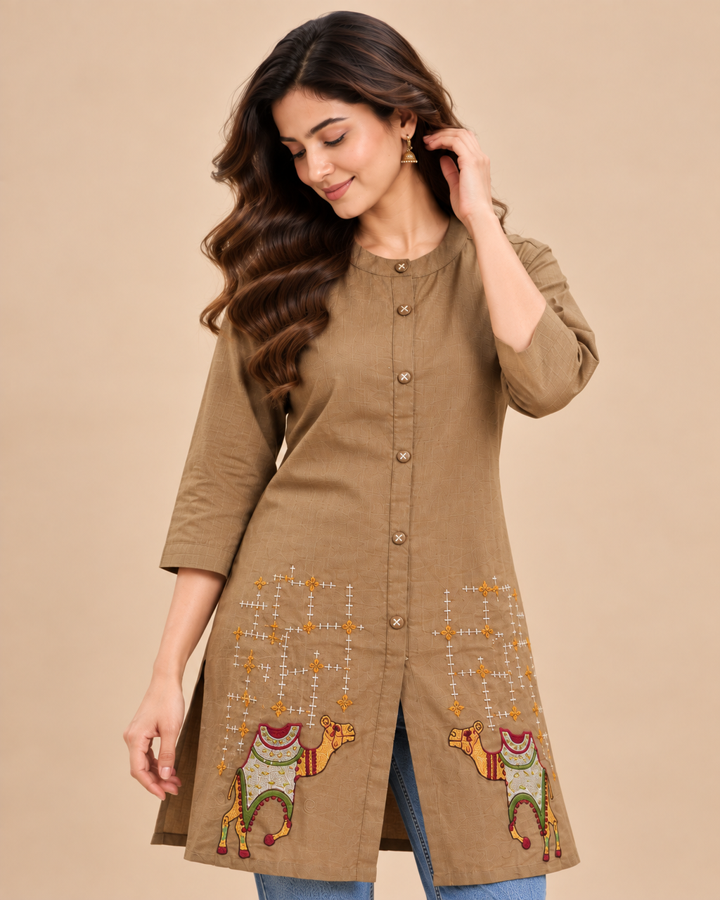 Beige Textured Button-Front Short Top