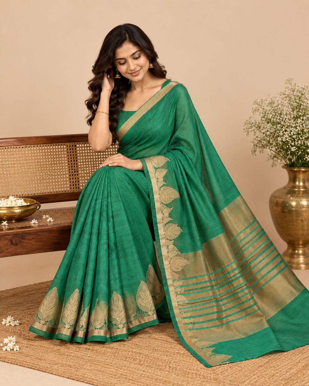 Teal Green Gold Raw Silk Saree