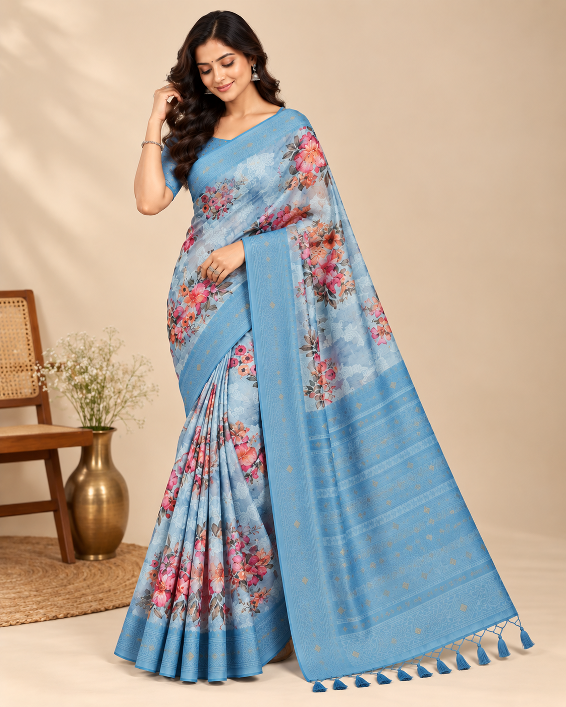 Misty Bloom Light Blue Raw Silk Saree