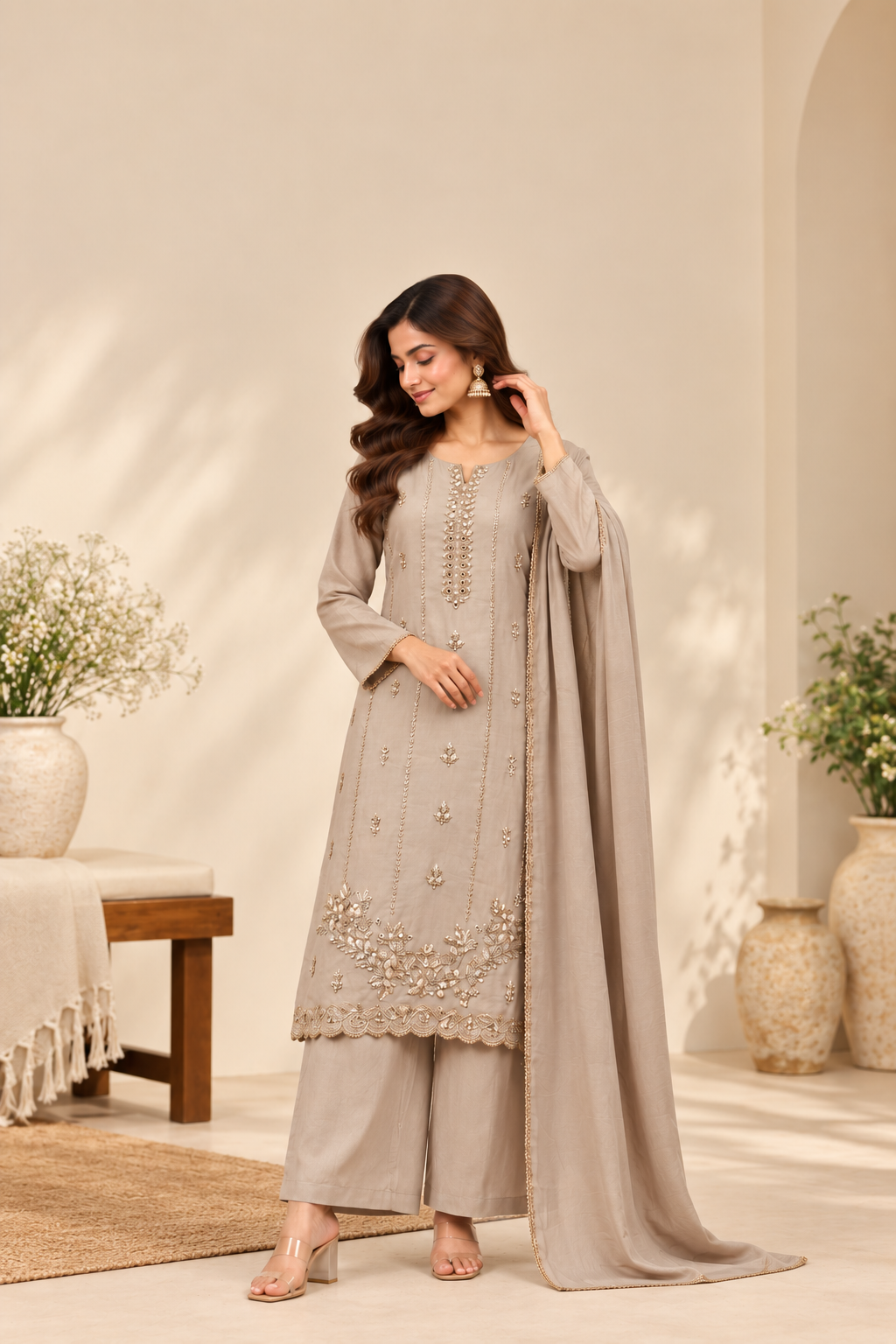 Taupe Sequin Embroidered 3-Piece Kurti Set | GLAN VIOR