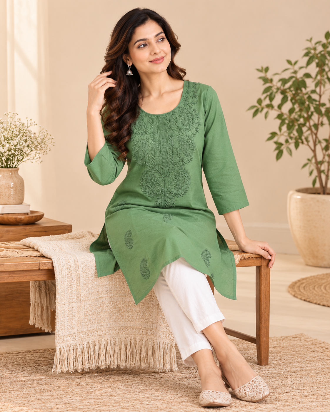 Sage Green Floral Embroidered Short Top