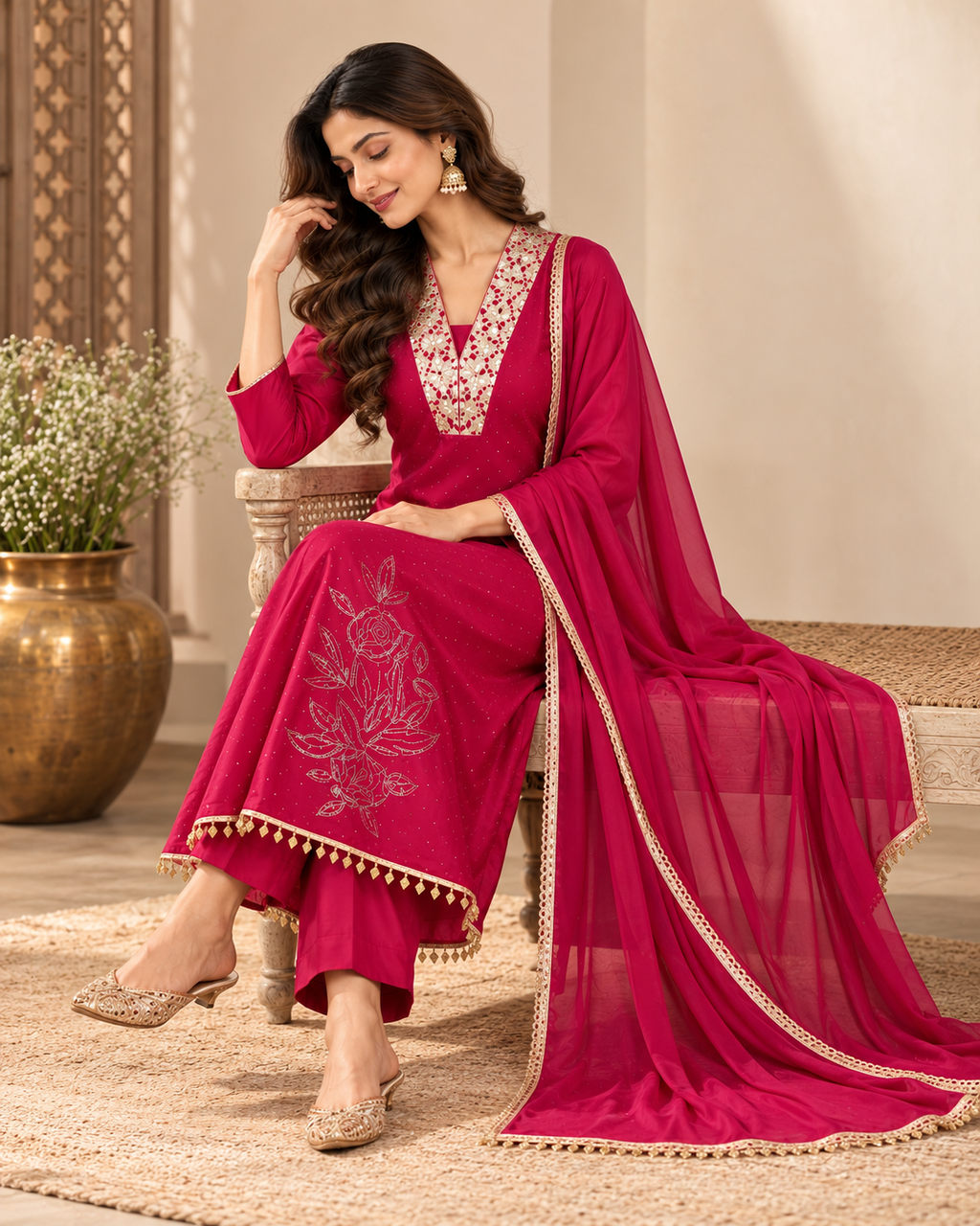 Magenta Gold Embroidered 3-Piece Kurti Set