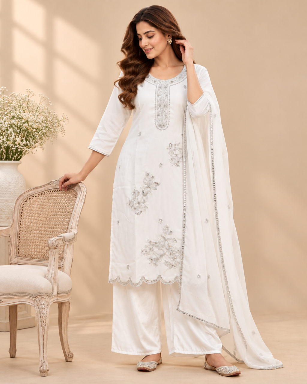Ivory Elegance Embroidered 3-Piece Kurti Set