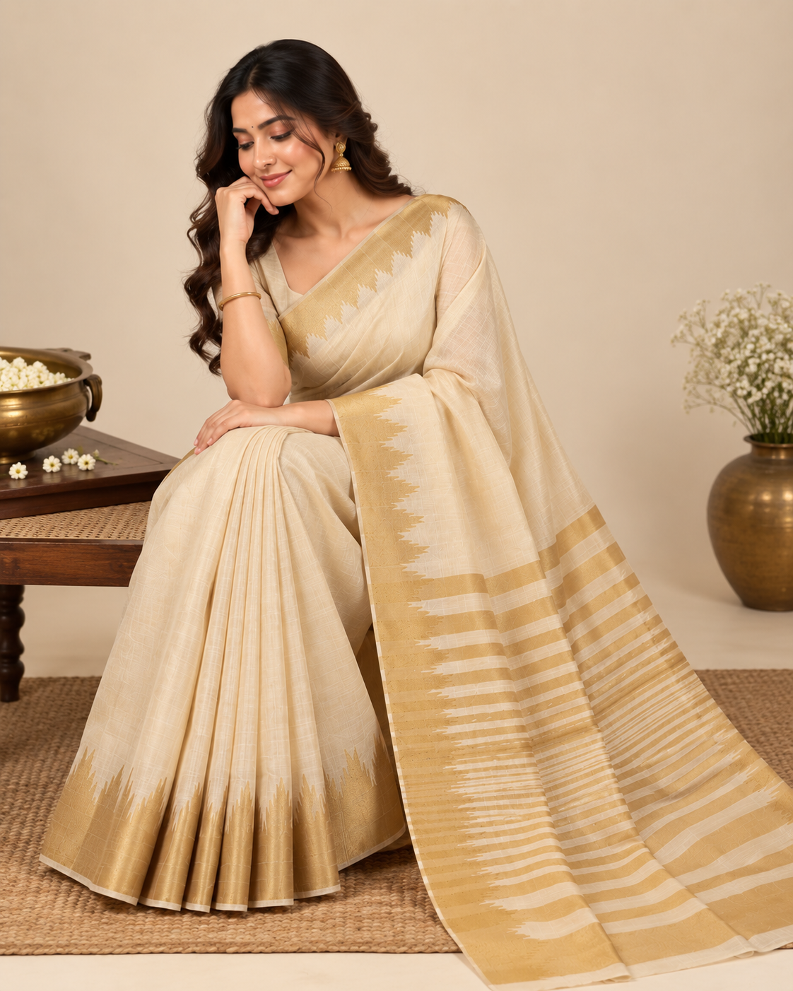 Ivory Gold Raw Silk Saree