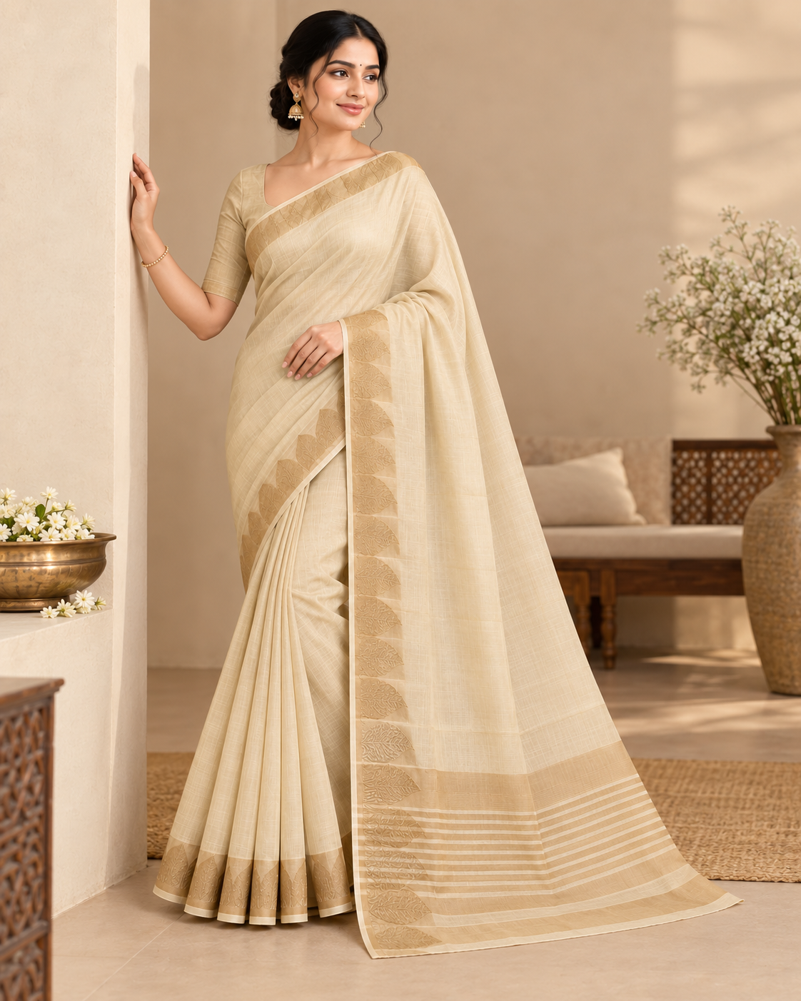 Ivory Gold Paisley Raw Silk Saree