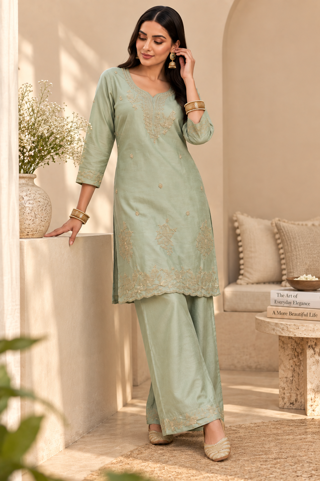 Sage Mist Embroidered 2-Piece Kurti Set