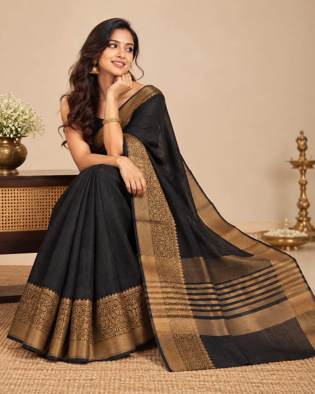 Charcoal Black Gold Raw Silk Saree