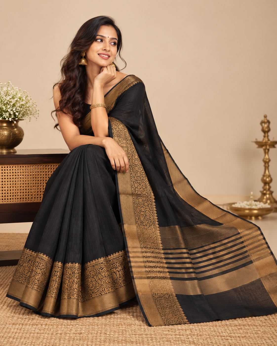Charcoal Black Gold Raw Silk Saree