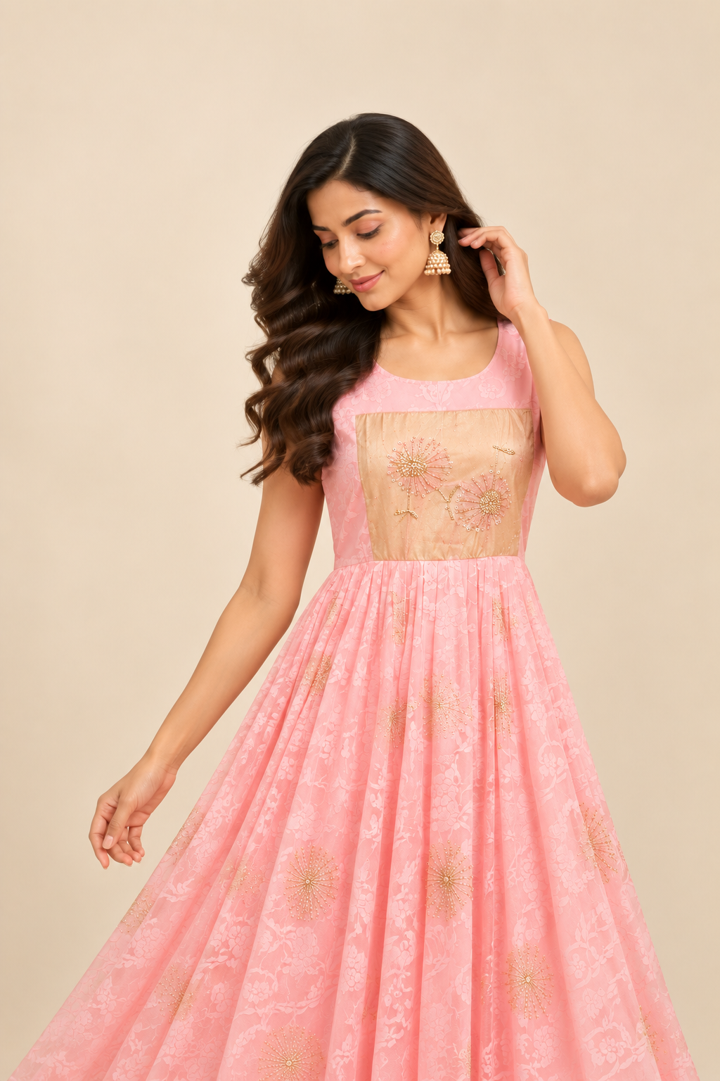 Blush Pink Floral Embroidered Dress Set