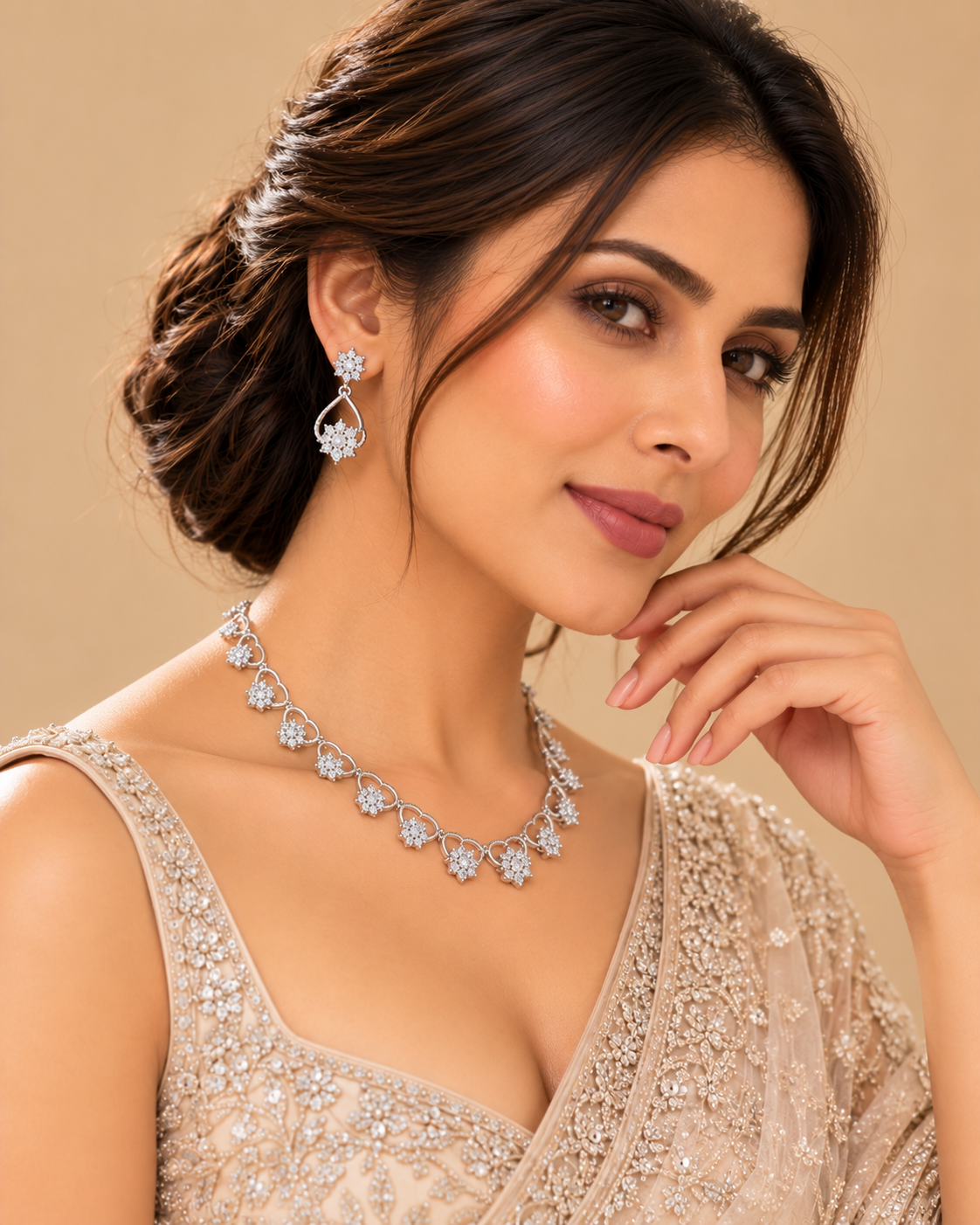 Silver Floral Crystal Necklace & Drop Earrings Set