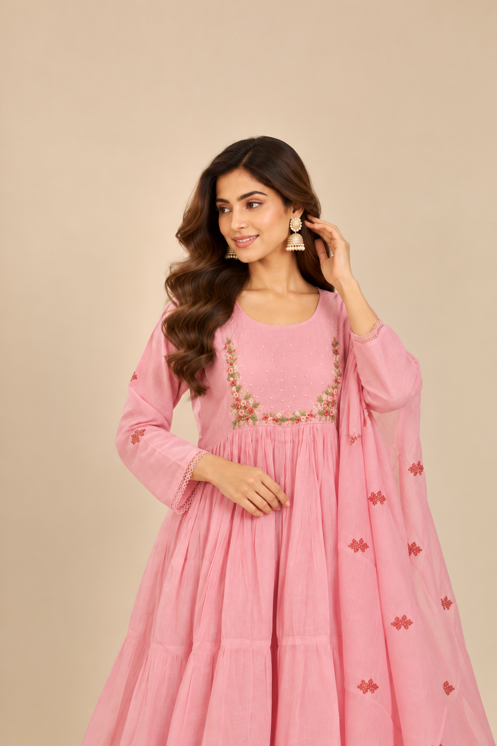 Mauve Embroidered Chanderi 3-Piece Kurti Set