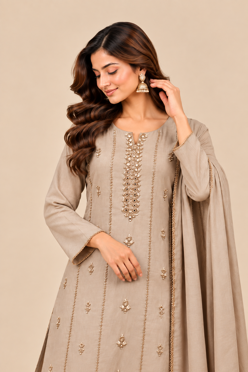 Taupe Sequin Embroidered 3-Piece Kurti Set | GLAN VIOR