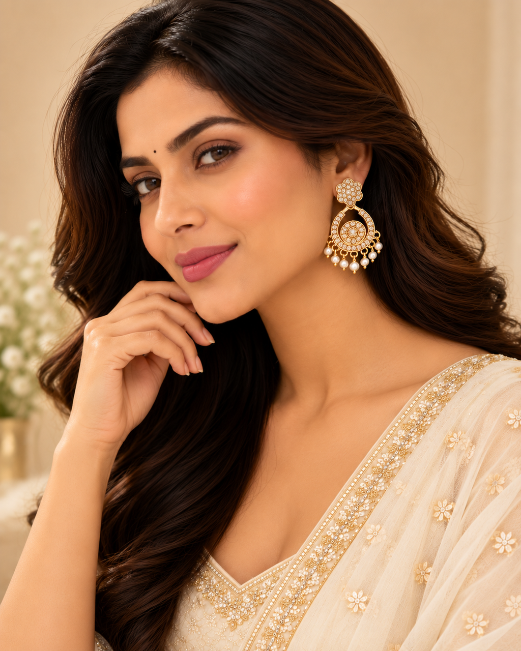 Gold Kundan Pearl Chandbali Earrings