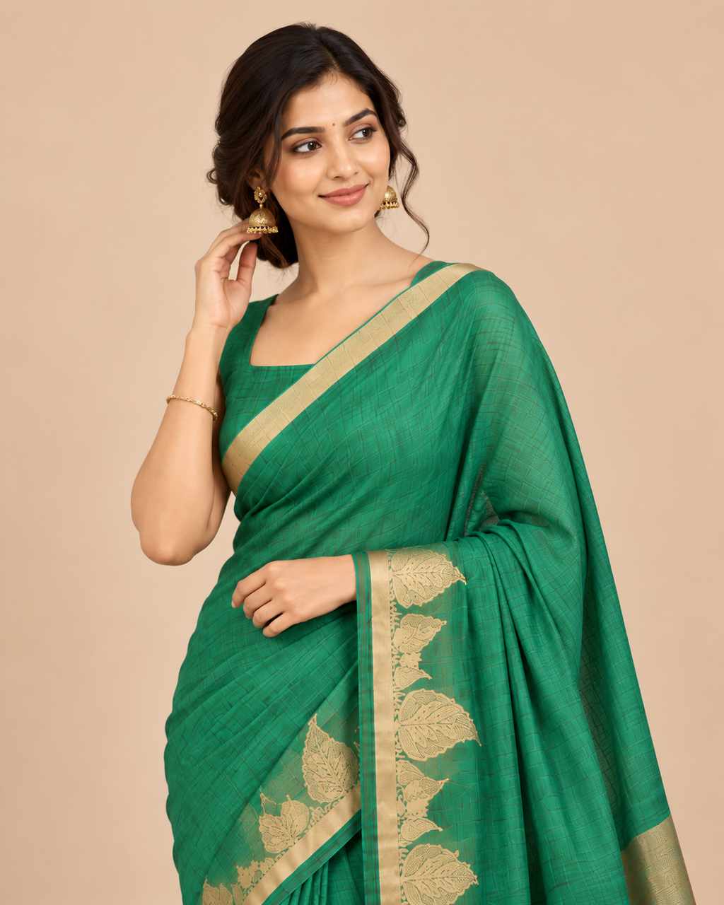 Teal Green Gold Raw Silk Saree