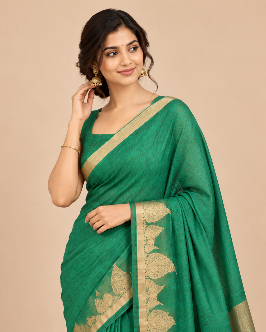 Teal Green Gold Raw Silk Saree
