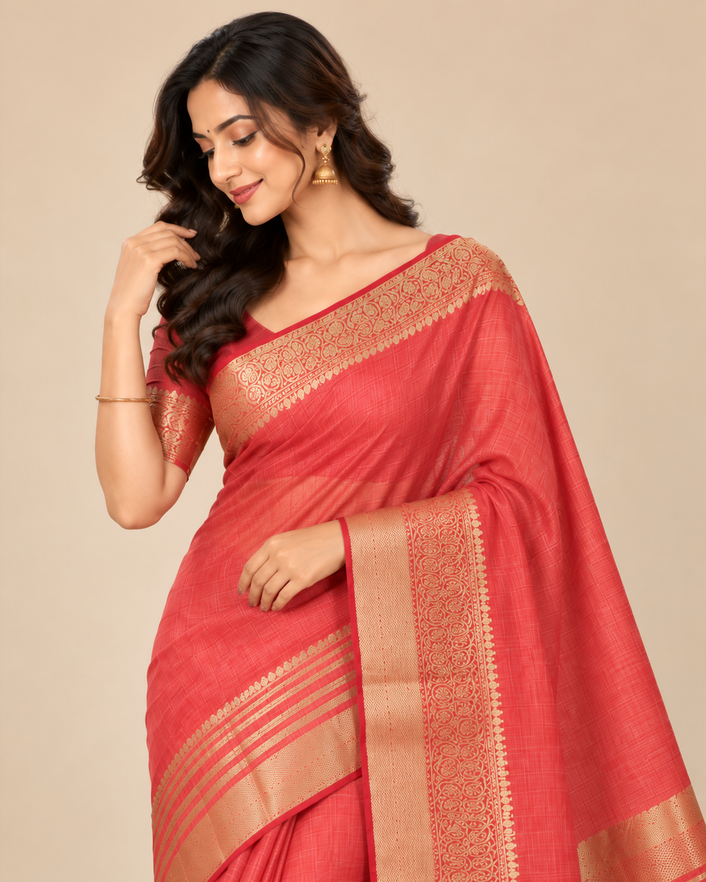 Camel Beige Gold Raw Silk Saree