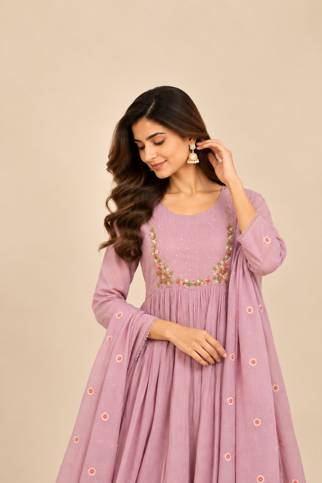 Lavender Embroidered Chanderi 3-Piece Kurti Set