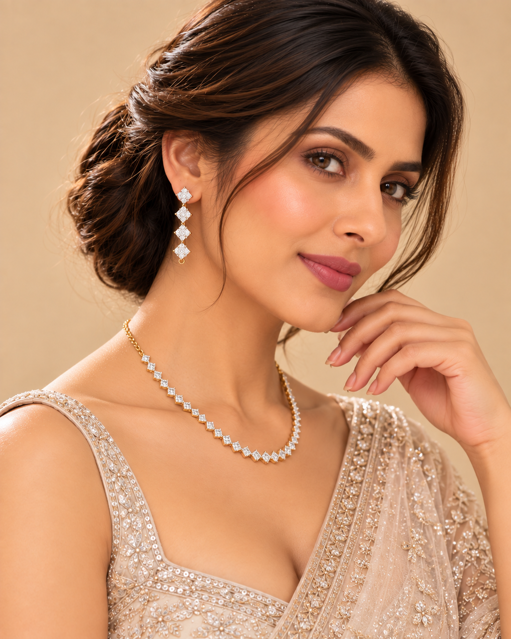 Gold-Tone Crystal Square Necklace & Drop Earrings Set