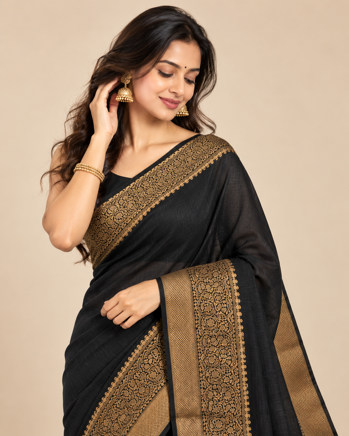 Charcoal Black Gold Raw Silk Saree