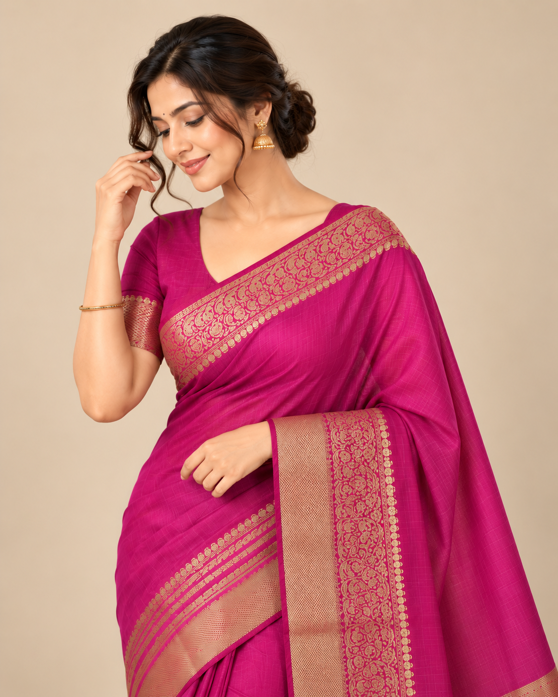Magenta Pink Gold Zari Raw Silk Saree